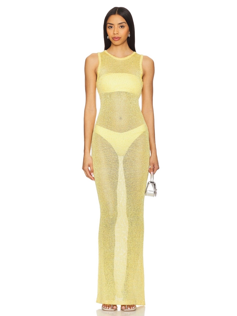 Superdown Revolve Alix Yellow Sequin Sheer Knit Resortwear Beach Maxi Dress S
